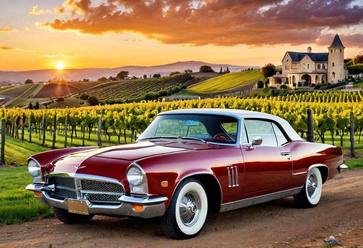 A whimsical collage featuring a classic car on one side with polished chrome details and a bottle of fine wine beside it, elegantly pouring into a glass. The background showcases a vineyard with rolling hills under a sunset, transitioning to a workshop where car maintenance is being performed. Delicate corks and crown jewels are artistically scattered throughout to symbolize celebration and luxury. soft focus, vibrant colors, vintage style.