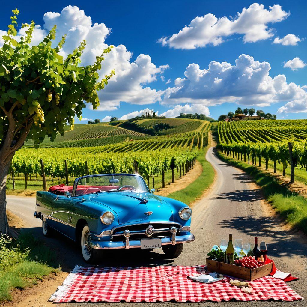 A scenic road winding through lush vineyards under a bright blue sky, with a classic vintage car parked by the roadside, wine glasses and a bottle of fine wine set up on a picnic blanket beside the car. Grapevines stretching out in the background, inviting clouds casting soft shadows, capturing the essence of a joyful journey. super-realistic. vibrant colors. 3D.
