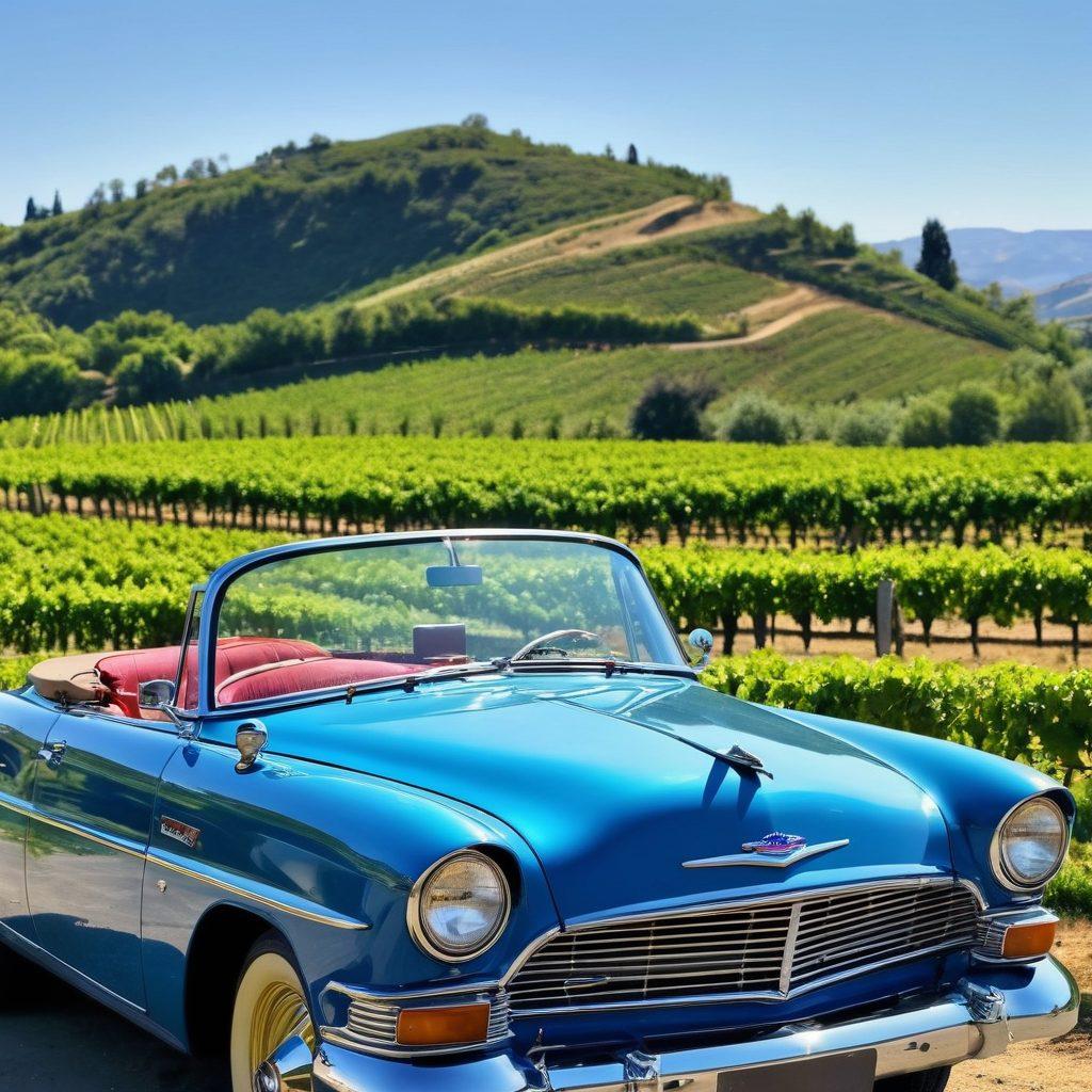 A vibrant scene showcasing a classic car parked in front of a picturesque vineyard, with a bottle of wine and two glasses elegantly placed on the hood. The background features rolling hills covered in grapevines under a bright blue sky. Include elements like a mechanic's toolbox subtly placed to highlight car maintenance, and cheerful people raising glasses in celebration. super-realistic. vibrant colors. outdoor setting.